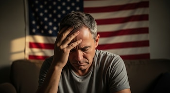 Primer plano de un hombre caucásico de mediana edad, con cabello gris, sentado y con una mano en la frente, con la bandera de Estados Unidos detrás.