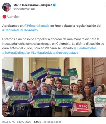 Con 15 votos a favor y cinco en contra, la Comisión Primera de la Cámara aprobó, en el penúltimo debate, la reforma constitucional que regulariza la venta del cannabis para uso adulto. Twitter/@SenadoGovCo.