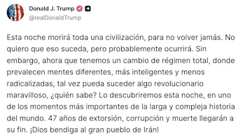 Captura de pantalla de las palabras de Truth Social del presidente de Donald Trump
