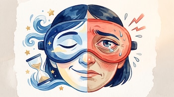 Antifaz para dormir partido al medio en una cara. Lado izquierdo azul: ojo cerrado, ondas, estrellas, reloj de arena. Lado derecho rojo: ojo irritado, gotas, rayos.