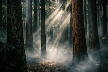 Bosque con troncos de árboles, niebla baja, rayos de luz solar oblicuos que atraviesan el dosel y hojarasca en el suelo.