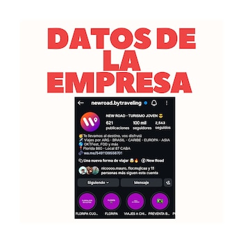Captura de pantalla del perfil de Instagram de New Road, una agencia de turismo. Muestra el nombre, logo, número de seguidores y publicaciones