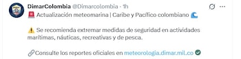 La Dimar atribuyó el aumento de vientos y oleaje en el mar Caribe colombiano al fortalecimiento de sistemas atmosféricos y al tránsito de ondas tropicales - crédito @Dimarcolombia/X
