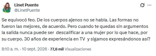 Publicación en X de Linet Puente