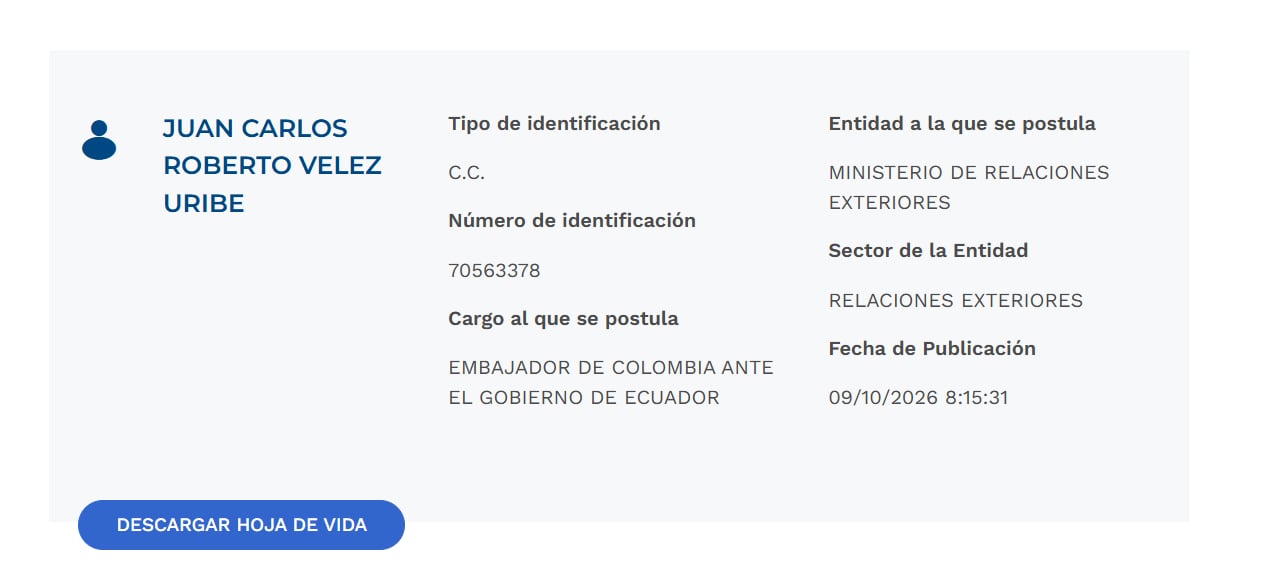 Su hoja de vida ya fue publicada en la pagina de Presidencia, por lo que a falta del decreto oficial el nuevo dipomatico deberá encabezar la misión en Quito y trabajar en la relación bilateral con el Gobierno ecuatoriano - crédito Presidencia