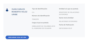 Su hoja de vida ya fue publicada en la pagina de Presidencia, por lo que a falta del decreto oficial el nuevo dipomatico deberá encabezar la misión en Quito y trabajar en la relación bilateral con el Gobierno ecuatoriano - crédito Presidencia