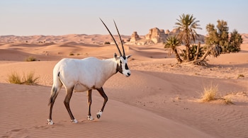 Un órice blanco de cuernos rectos y largos camina sobre una duna de arena, con palmeras y formaciones rocosas al fondo.