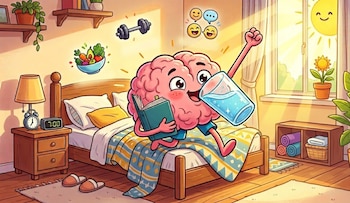 Cerebro de dibujos animados en un dormitorio brillante, bebiendo agua y leyendo. Se aprecian una cama, una mesita de noche con cajón y una cómoda