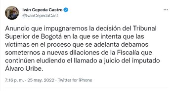 Iván Cepeda impugnará decisión del