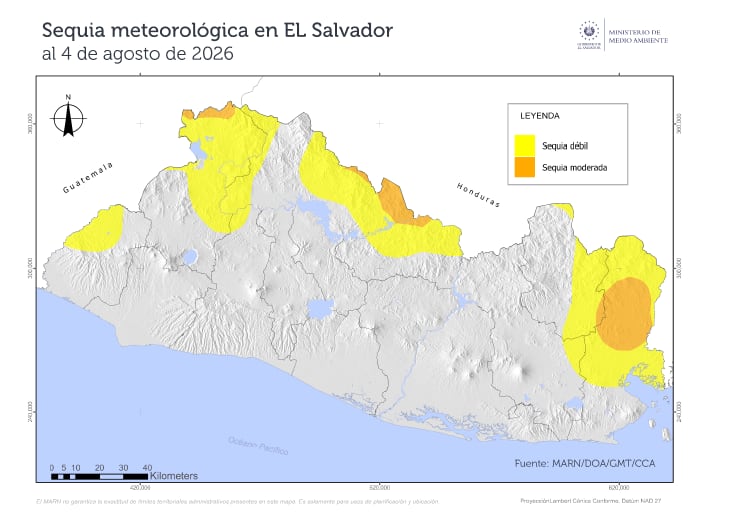 Hasta el 4 de agosto, la sequía meteorológica ocurrió en estaciones de Usulután, La Unión y Morazán, con hasta 22 días secos seguidos. Las localidades más impactadas fueron Jiquilisco, Puerto Parada, La Cañada y A. del Pacífico. (Cortesía: Ministerio de Medio Ambiente)