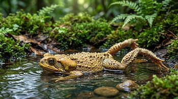 Un sapo de piel rugosa permanece en agua poco profunda rodeado de musgo verde, helechos y plantas.