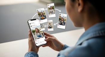 Una persona sostiene un teléfono inteligente que muestra una red social; alrededor, varias publicaciones de la misma mujer con flechas circulares.