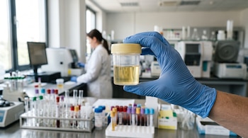 Una mano con guante azul sostiene un frasco transparente con muestra de líquido amarillo dentro de un laboratorio con tubos de ensayo.