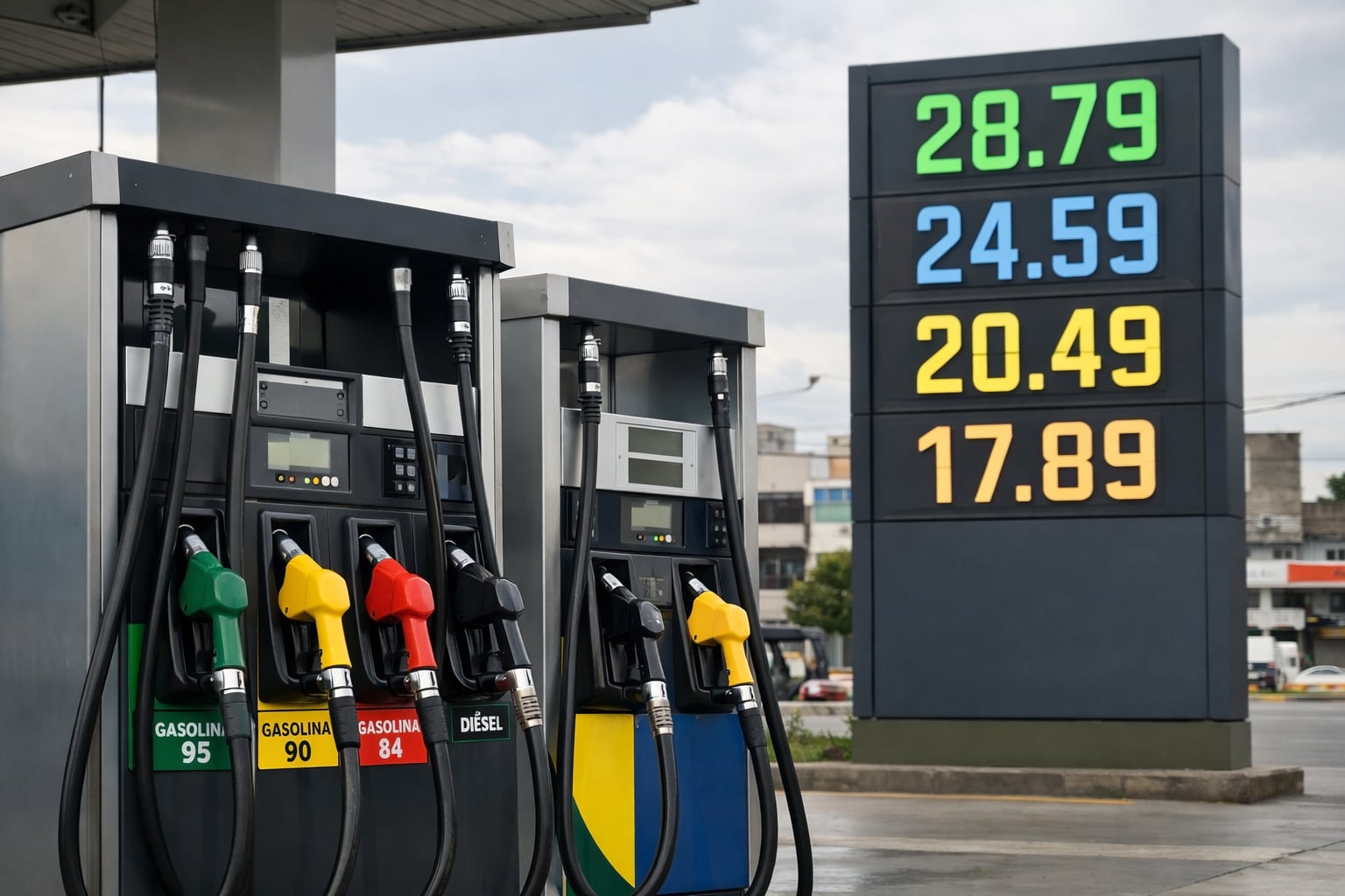 Una estación de servicio urbana en Lima, Perú, muestra surtidores de combustible modernos y un tablero digital con los precios actuales de gasolina y diésel, destacando la variación de tarifas. (Imagen Ilustrativa Infobae)