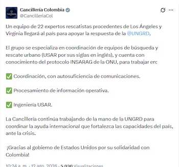 La Cancillería de Colombia agradeció los refuerzos de Estados Unidos - crédito @CancilleriaCol/X