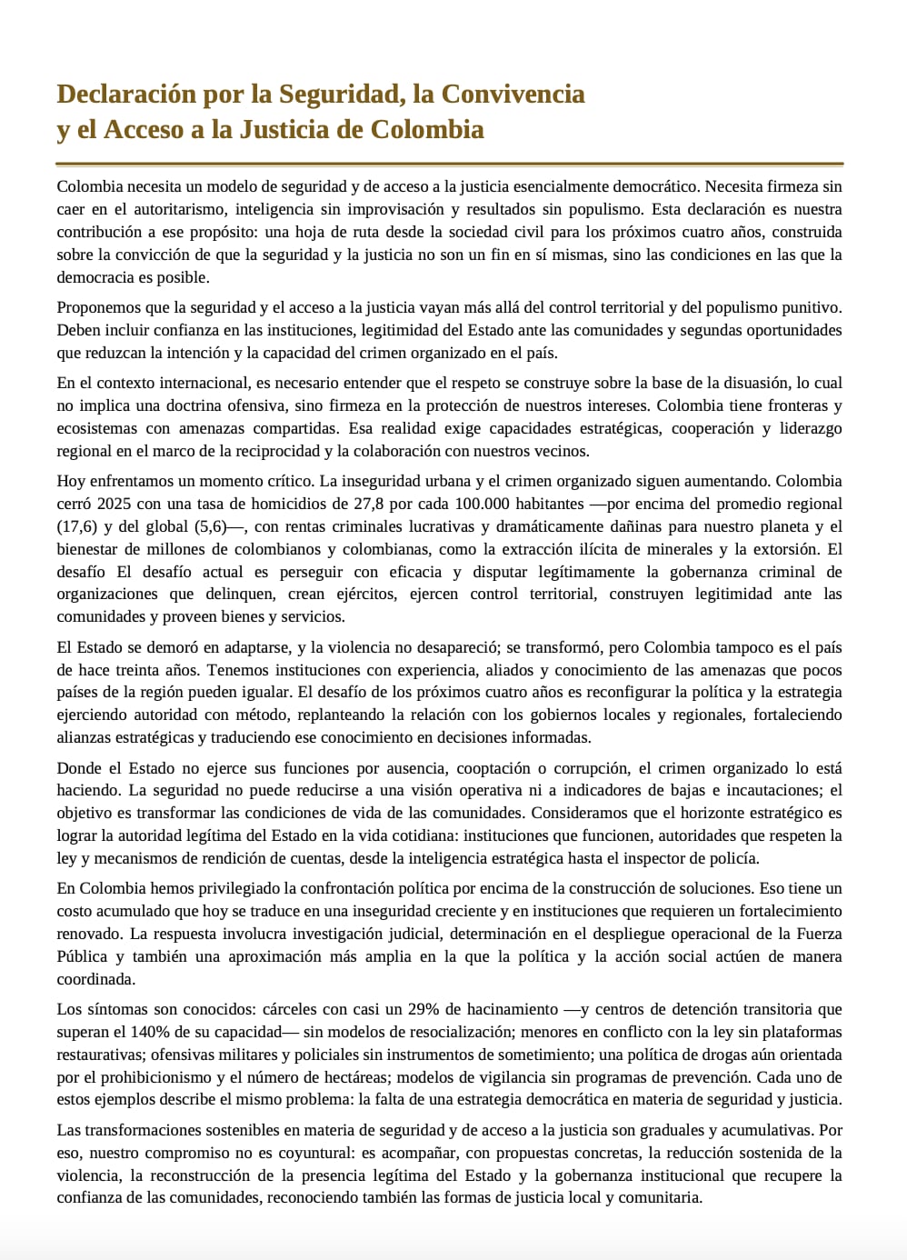 La iniciativa concluye que la seguridad y la justicia son derechos fundamentales que requieren instituciones transparentes, cercanas a la ciudadanía y comprometidas con la recuperación de la confianza pública - crédito suministrado a Infobae