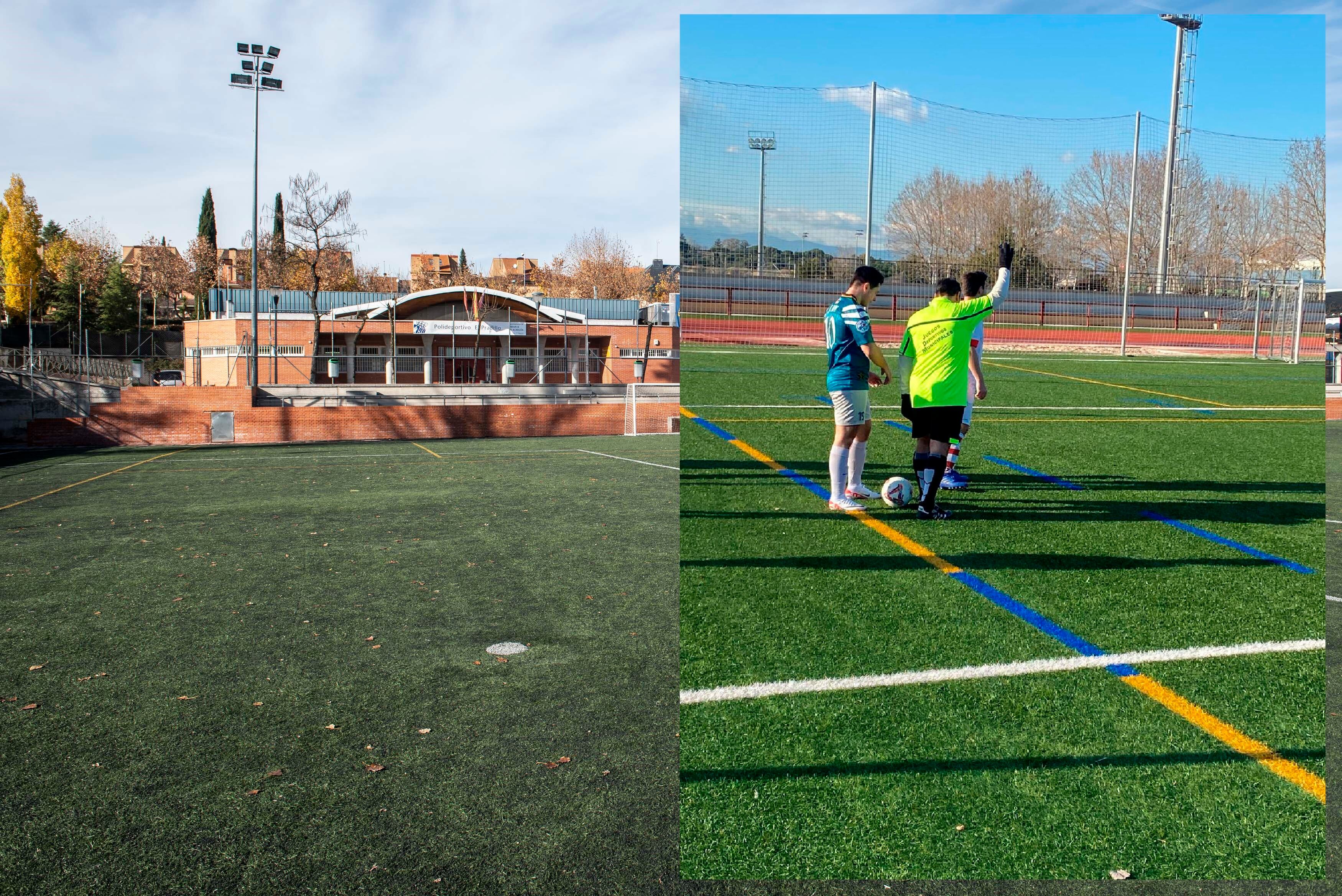Manuel, a la derecha (de amarillo y espaldas), pitando un partido en el campo Pradillo