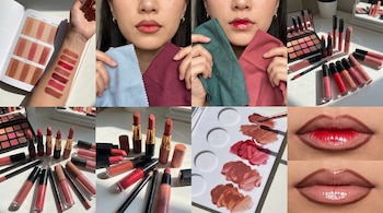 Colección de labiales, brillos y delineadores; paleta de sombras; muestras de color en un brazo y tejidos; labios con maquillaje y texturas diversas.