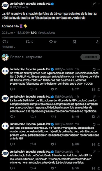 La JEP informó mediante sus redes sociales sobre la decisión adoptada en relación con 39 exmilitares. - crédito @JEP_Colombia/X
