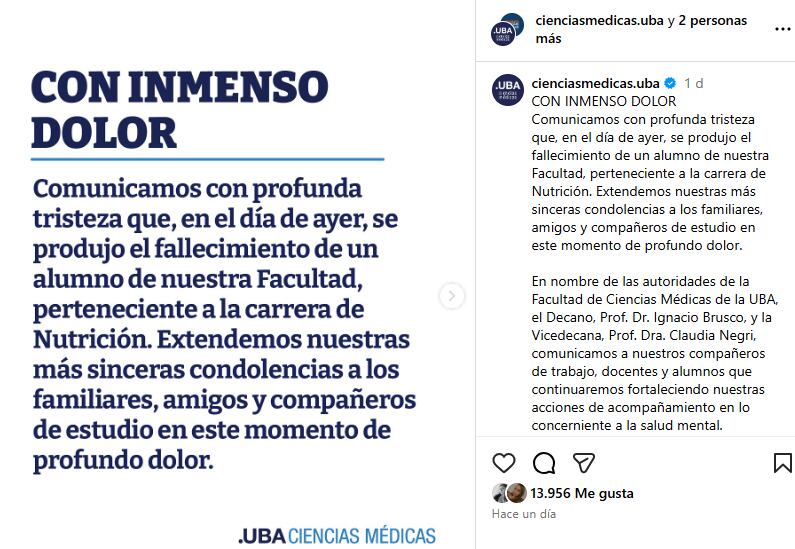 La Facultad de Ciencias Médicas de la UBA expresó sus condolencias mediante un comunicado oficial