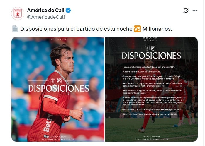 América informó que todas las tribunas del estadio Pascual Guerrero estarán habilitadas - crédito @AmericadeCali/X