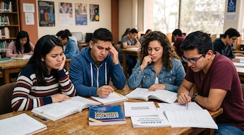 Cuatro jóvenes sentados a una mesa de madera leen libros de inglés titulados Advanced English Grammar y English Workbook en una biblioteca.