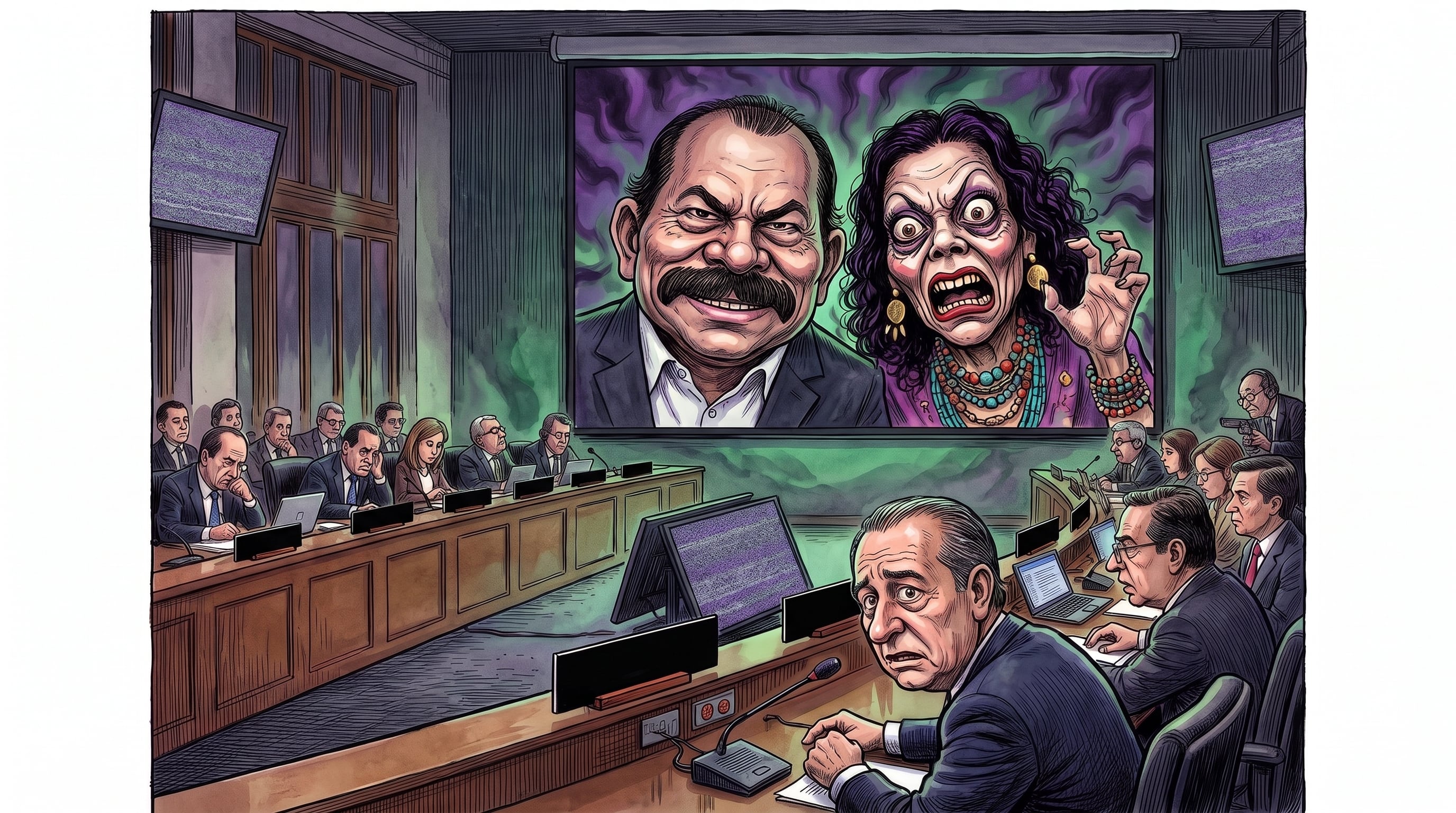 Una ilustración proyecta los rostros caricaturizados de Daniel Ortega y Rosario Murillo ante un grupo de diplomáticos reunidos en un salón de conferencias. (Imagen Ilustrativa Infobae)