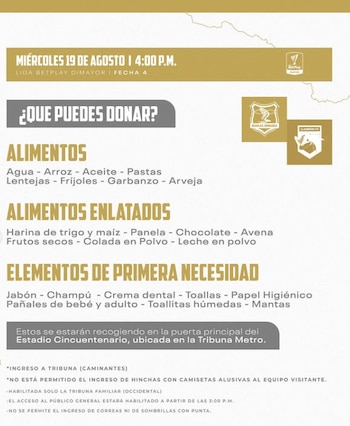 Estas son las cosas que se pueden donar en el estadio Cincuentenario, de Rionegro, donde oficia como local Águilas Doradas - crédito Águilas Doradas