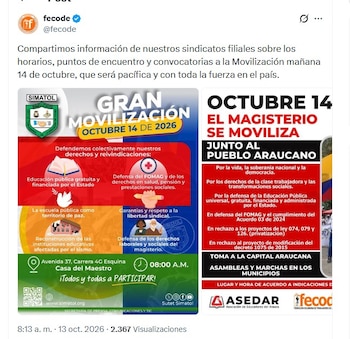 Desde Fecode se anunciaron los puntos de encuentros de varios sindicatos filiales - crédito @fecode/X