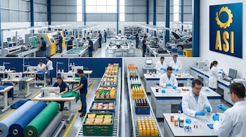 Vista panorámica de una planta industrial en El Salvador con áreas de producción textil, procesamiento de alimentos, laboratorio farmacéutico y ensamblaje tecnológico. El logo de ASI está visible.