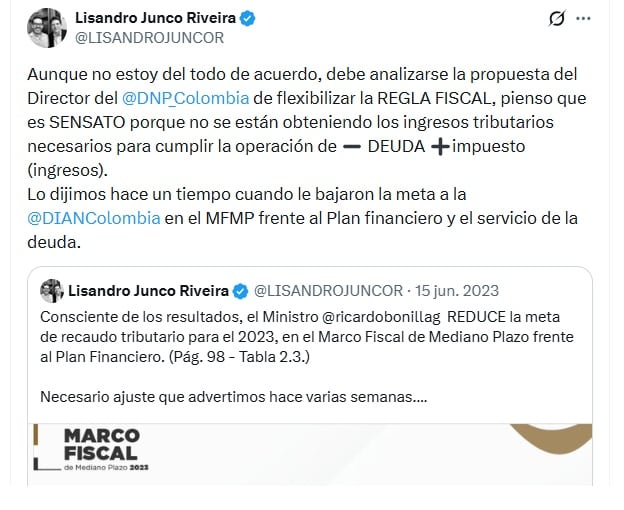 Lisandro Junco, exdirector de la Dian, dice que Colombia necesita una regla fiscal verde - crédito @LisandroJuncoR/X