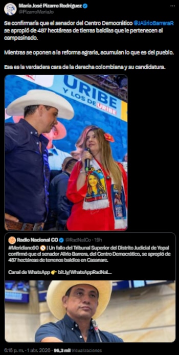 María José Pizarro acusa acumulación irregular de predios rurales por parte de Alirio Barrera - crédito @PizarroMariaJo/X