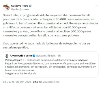 Petro responde a Uribe sobre programa de adulto mayor - crédito @petrogustavo/X