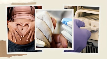 Collage: vientre de embarazada con manos en corazón, primer plano de dedo siendo pinchado para análisis de sangre, y mano enguantada operando máquina de laboratorio.