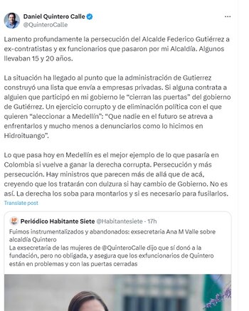 Daniel Quintero asegura que hay