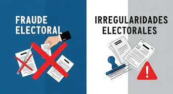 Ilustración que divide la pantalla en dos: Fraude Electoral (izquierda, mano manipulando voto, X roja) e Irregularidades Electorales (derecha, sello torcido, exclamación).