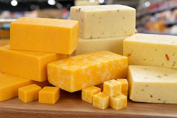 Bloques rectangulares y pequeños cubos de queso amarillo y blanco colocados sobre una tabla de madera.