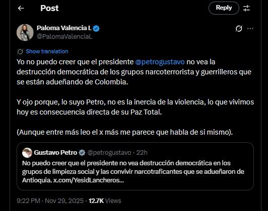 Paloma Valencia contestó al mensaje de Gustavo Petro - crédito @PalomaValenciaL