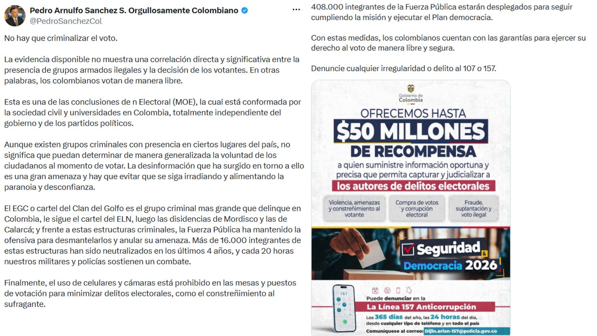 Pedro Sánchez defendió las garantías electorales “Los colombianos votan de manera libre” - crédito @PedroSanchezCol/X