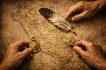 Dos manos colocan una medalla dorada, una pluma de ave y una rama de ichu sobre un mapa antiguo de tono sepia con divisiones territoriales.