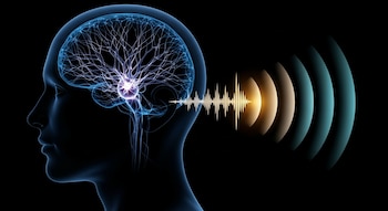 Silueta de cabeza humana en perfil con cerebro iluminado por una red neuronal azul y violeta. Ondas sonoras blancas y cian salen del oído, una dorada y prominente.