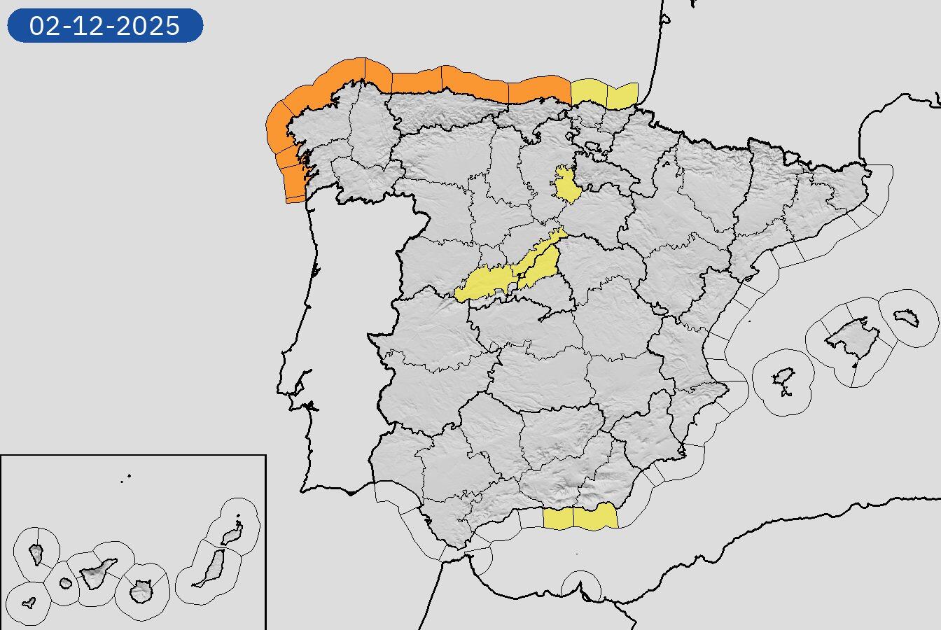 Mapa de alertas meteorológicas para este martes, 2 de diciembre de 2025. (Aemet)
