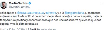 Martín Santos felicitó a Abelardo de la Espriella y destacó el rol institucional en la democracia - crédito @MartinSantosR/X