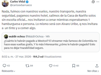 Carlos Vidal aseguró que el equipo de ‘streamer’ asumió los gastos relacionados con la visita, incluidos vuelos, transporte, seguridad y alojamiento - crédito @carlosvbarrueco/X