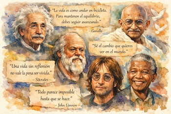 Un collage en acuarela de retratos de Albert Einstein, Mahatma Gandhi, Sócrates, John Lennon y Nelson Mandela, cada uno con una cita en español.