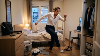 Una mujer con camisa blanca camina descalza en un dormitorio con la cama deshecha y ropa tirada en el suelo.