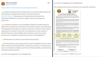 Menos de una semana atrás y por medio de un comunicado, la USO precisó que las negociaciones no habrían llegado a buen final por la presunta interferencia por parte de Victoria Irene Sepúlveda Ballesteros, la vicepresidencia corporativa de Talento Organizacional - crédito @usofrenteobrero/X