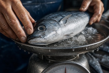 Manos de una persona sobre un pescado azul colocado en el plato metálico de una balanza con trozos de hielo.
