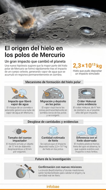 Infografía sobre el origen del hielo en Mercurio. Muestra un impacto celeste, vapor de agua, su migración a los polos y el depósito de hielo en cráteres.