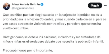 Jaime Andrés Beltrán instó a las autoridades competentes a preocuparse por "lo importante" - crédito @soyjaimeandres/X